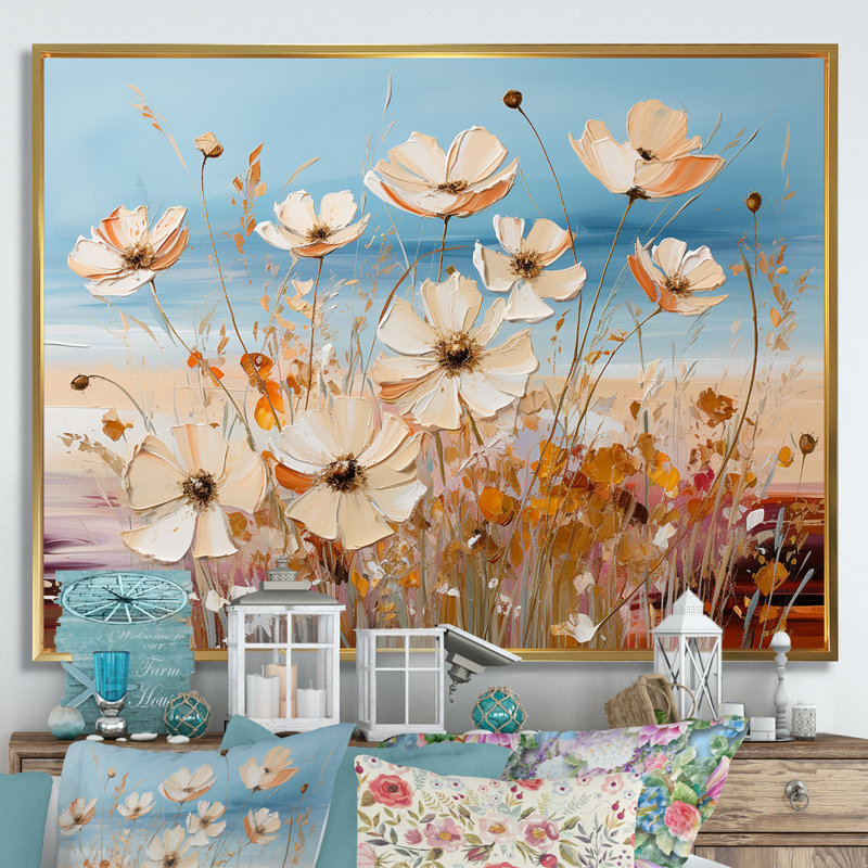 «Beige Wildflowers», impression sur toile, H 24 po x l 32 po x P 1 po, Cadre flottant doré