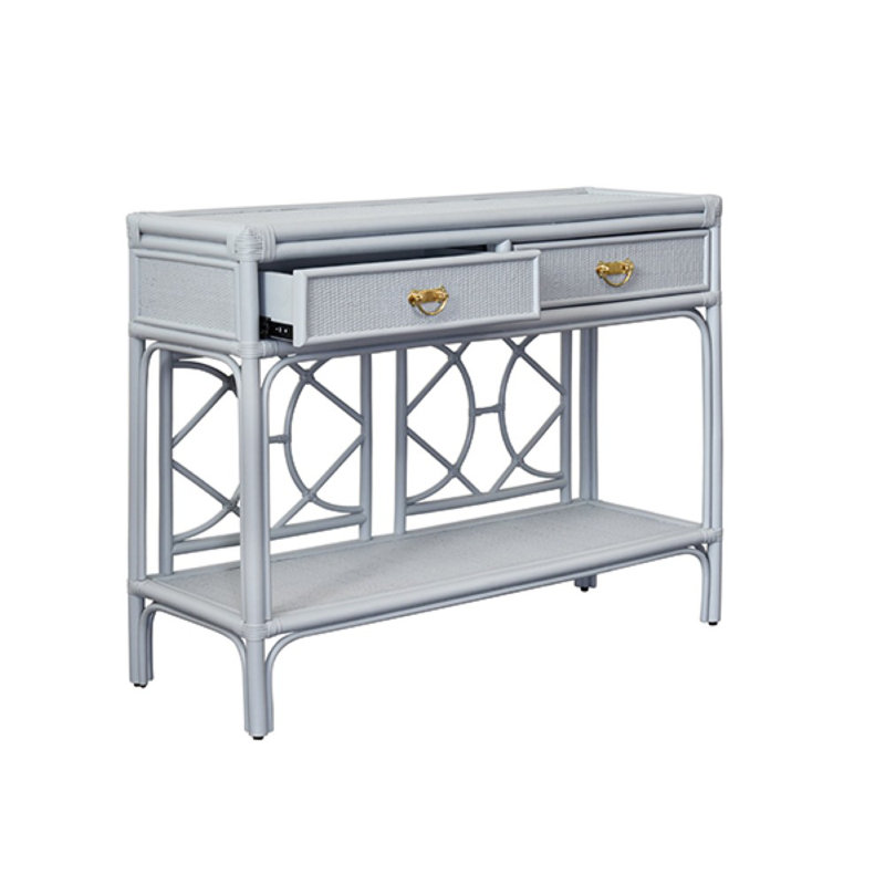 Two Drawer Console with Decorative Back Rattan, Blue