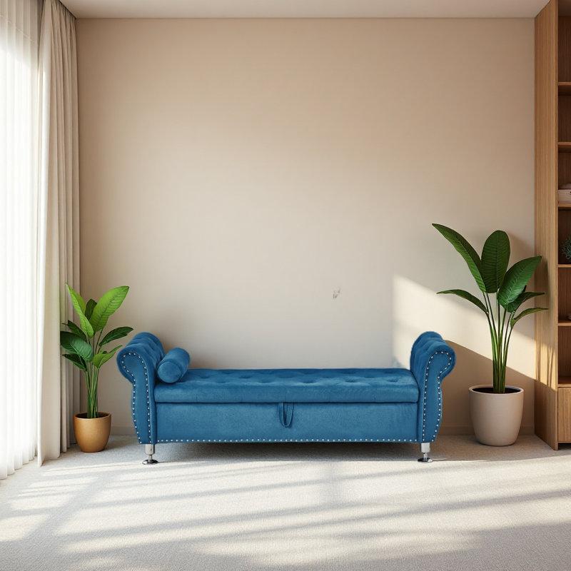 Banc de rangement en velours de 62,2 pouces avec boutons en cristal et 1 coussin pour la chambre à coucher et le salon, Bleu