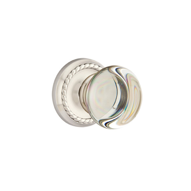 Ensemble de boutons de passage Emtek avec rosette en corde et bouton en verre Providence, Nickel satiné