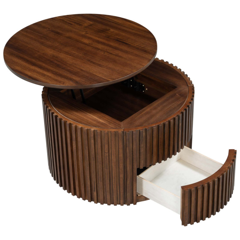 Table basse ronde à plateau relevable avec rangement caché, design moderne en bois cannelé pour le salon, durable et élégant