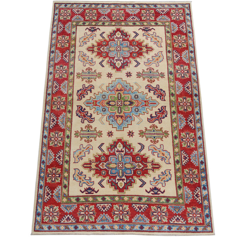 Tapis de zone en laine 4 pi x 5 pi 8 po "one-of-kind" à la main noué la kazak Chaoyichi
