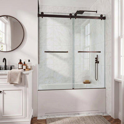 Porte de douche coulissante double sans cadre 72"-77" L x 72" H, en pellicule incassable avec verre trempé de 3/8" (10 mm) et roulettes silencieuses