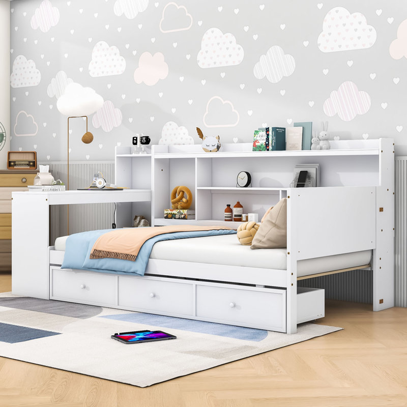 3 Drawers Wood Daybed with Built-in-Desk, Twin, White