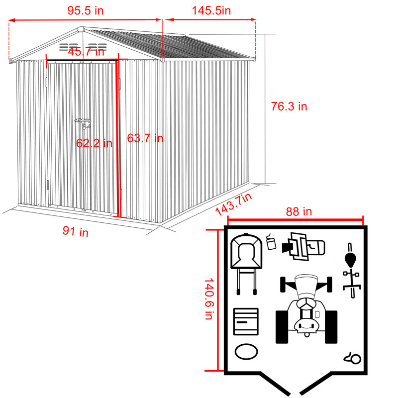 96''W Metal Storage Shed, 76" H x 96" W x 144" D