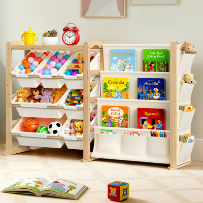 Solid Wood Toy Organizer Bookshelf – 2-in-1 Storage For Toys, Books, And Art Supplies With Adjustable Shelves For Toddlers & Children by Ophelia & Co.