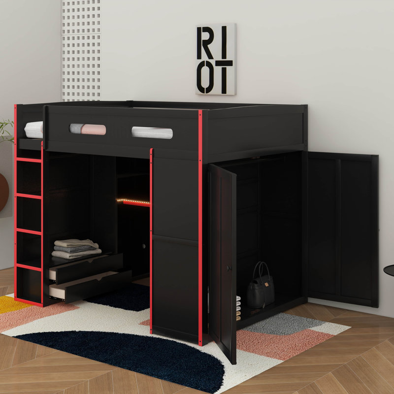 Full Size Wood Loft Bed With Desk,Wardrobe And RGB LED Light, Red