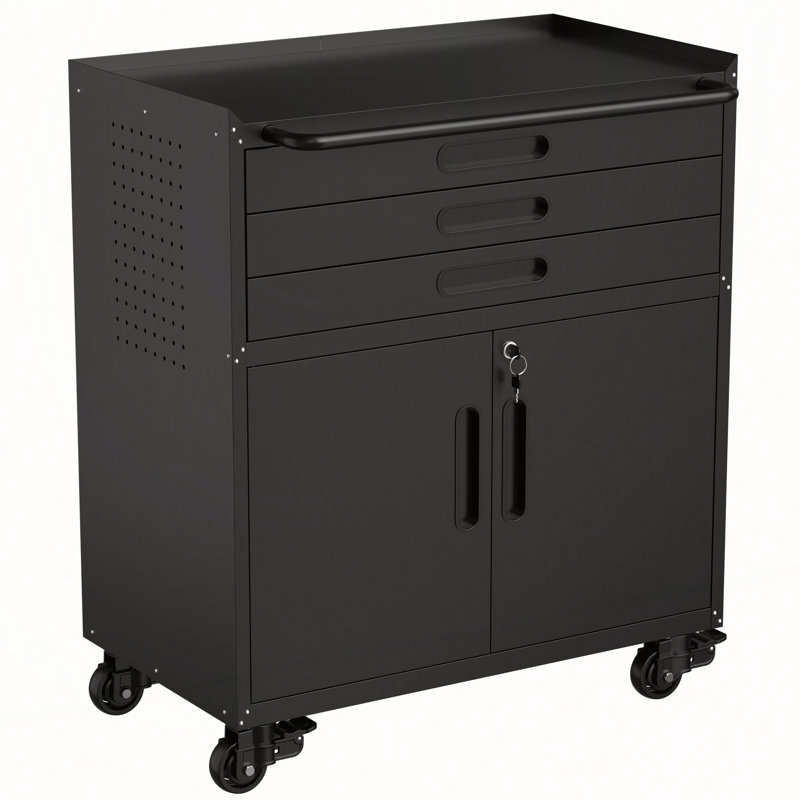 Armoire à outils roulante avec portes verrouillables, 3 tiroirs et poste de travail mobile