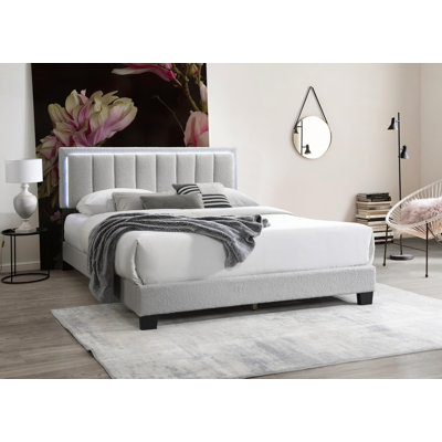 Lit double avec capitonnage et éclairage à DEL, revêtement en laine gris clair pour un confort et un style modernes