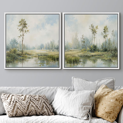Doux paysage d'étang impressionniste avec des arbres élancés et un ciel doux, ensemble de 2 reproductions d'art sur toile encadrées