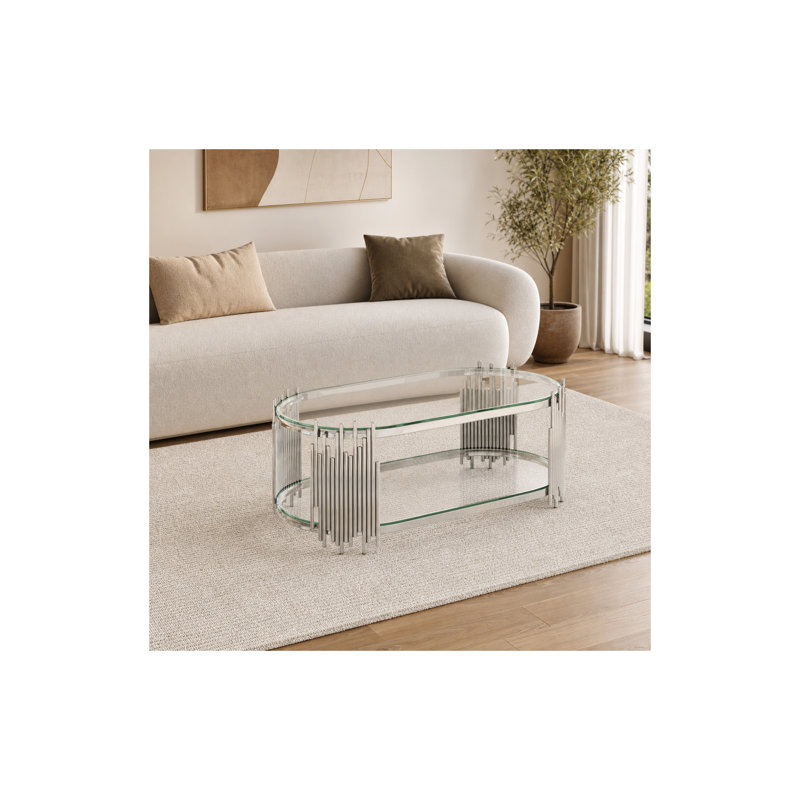  Table basse ovale en verre trempé à deux niveaux de 47 pouces avec base en acier inoxydable, Clear Glass / Silver Frame