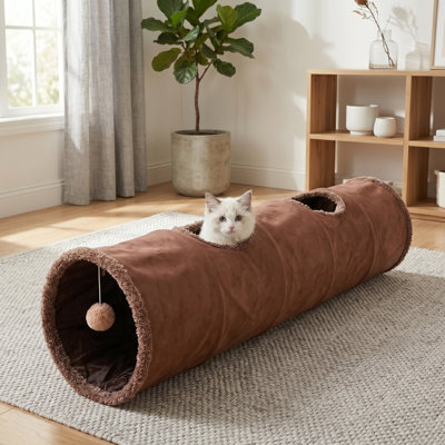 Tunnel de jeu pliable en suède brun pour chat, de 51 po x 12 po de diamètre, cache-cache, pour lapins, furets et chiots