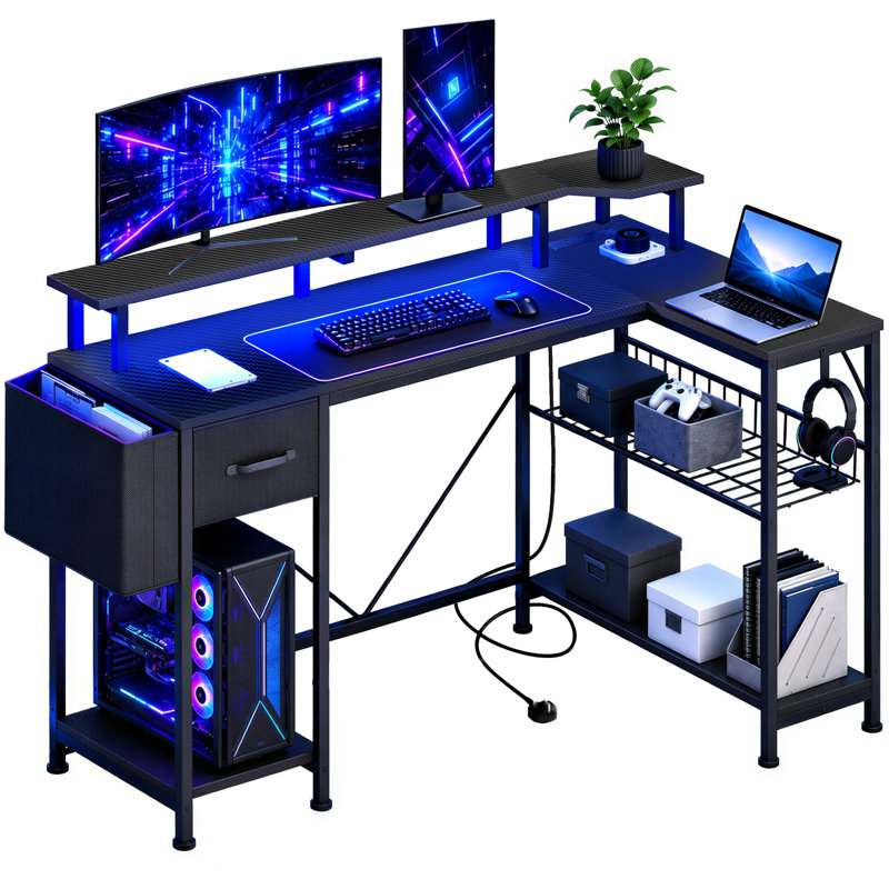 L-Shaped Metal Base Computer Desk with Power Outlet, Black, 92cm. H x 120cm. W x 50cm. D