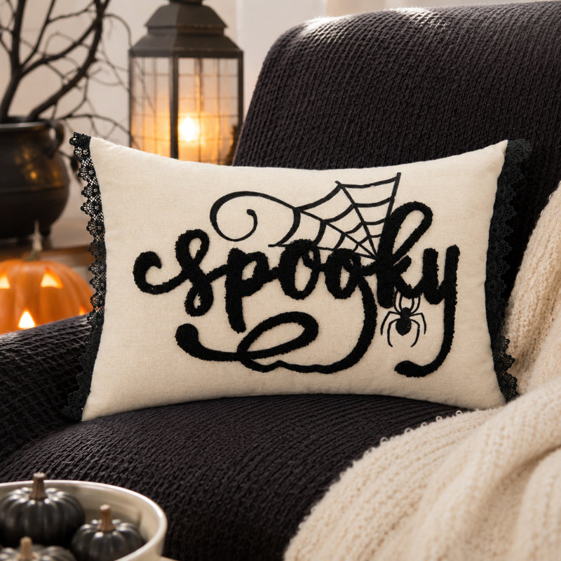 Spooky Black And White Halloween Embroidered Throw Pillow