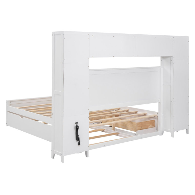 Queen Size Wooden Bed With All-In-One Cabinet, Shelf And Sockets,Twin XL Trundle, Blanc
