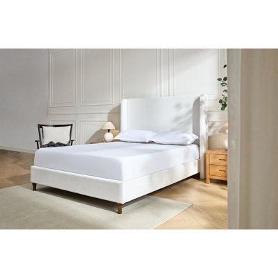 Grand lit, tête de lit haute de 54 po, revêtement blanc crème, base en métal, sans sommier tapissier, installation simple recouverte de blanc crème, cadre, guide d'assemblage sans effort