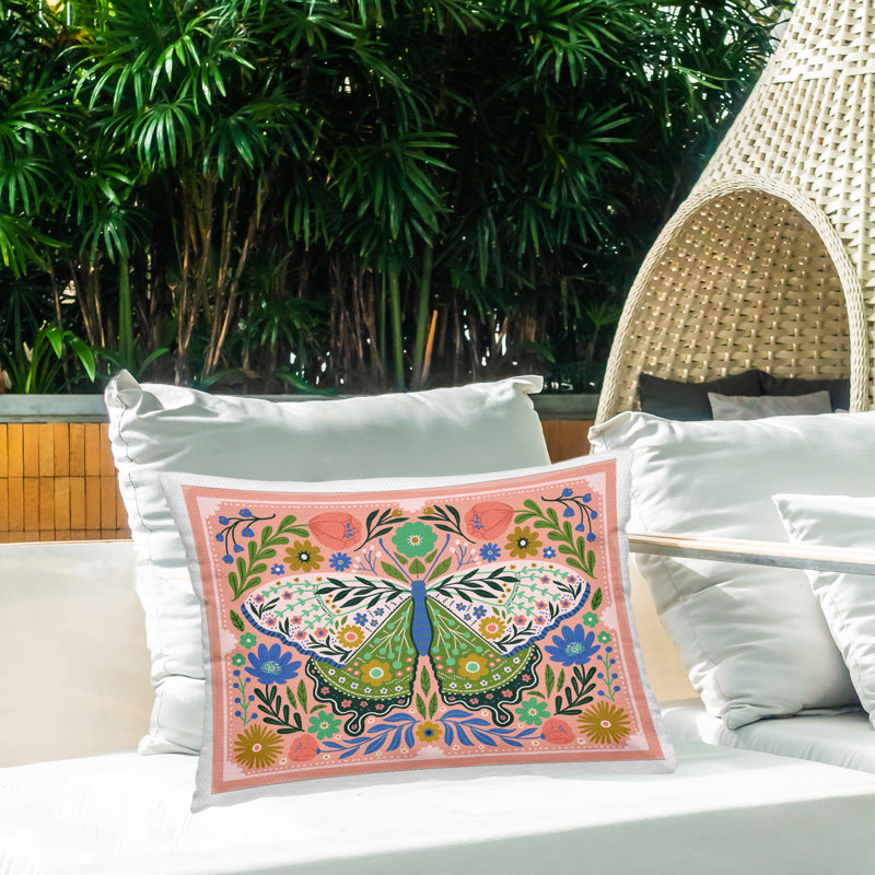 Coussin d'extérieur imprimé à motif floral Folk