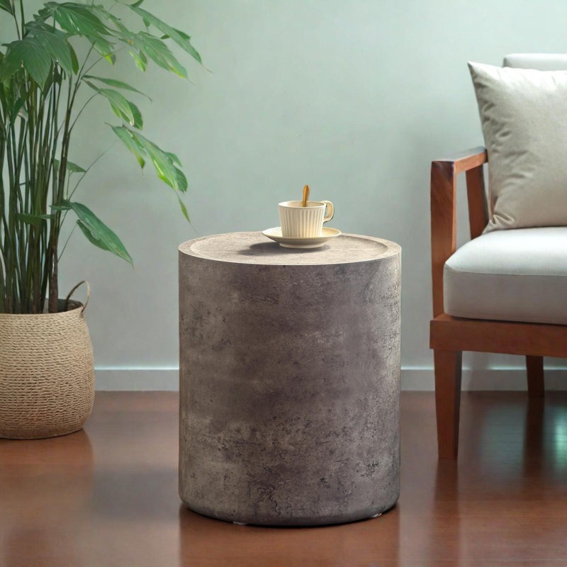 Table d'appoint tambour moderne avec finition en faux béton, table d'appoint sans assemblage, Gris