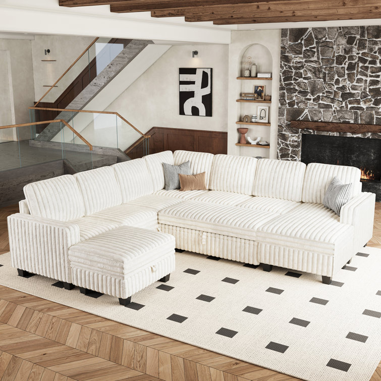Large 112.6'' Wide Soft Imitation Wool Plush Modular Sofa Livingroom Storage Couch with Pull Out Sofa Bed Sleeper