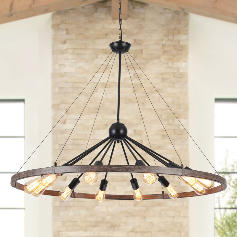 Kelcie 12- Light Large 43.3'' Dimmable Sputnik Wagon Wheel Chandelier, Black+Brown, 31.49"H x 43.3"W x 43.3"D