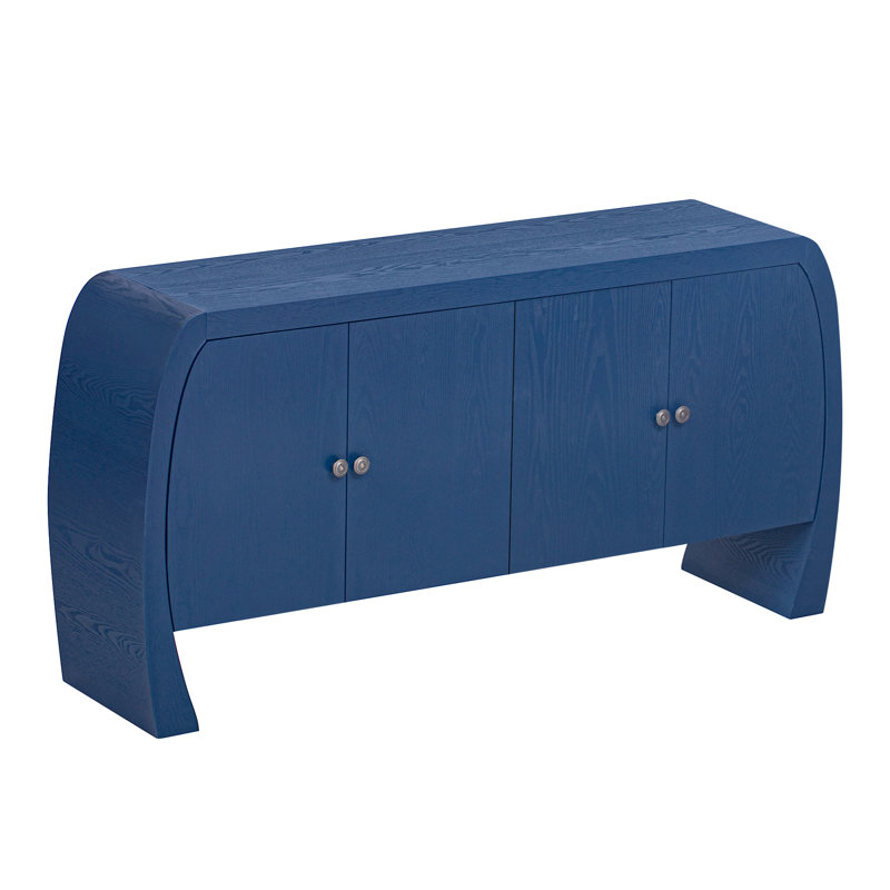 En placage de bois et frêne avec tablettes intégrées de couleur bleu marine, base à pieds courbés pour usage résidentiel