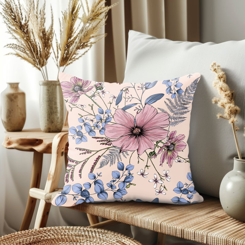 Housse de coussin, Floral bleu / rose, H 21,5 po x l 21,5 po