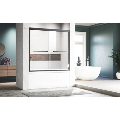 Porte semi-tubulaire 56-60 po L 62 po H, aspect noir mat, verre trempé, baignoire durable en acier inoxydable 304 et poignées, transparent