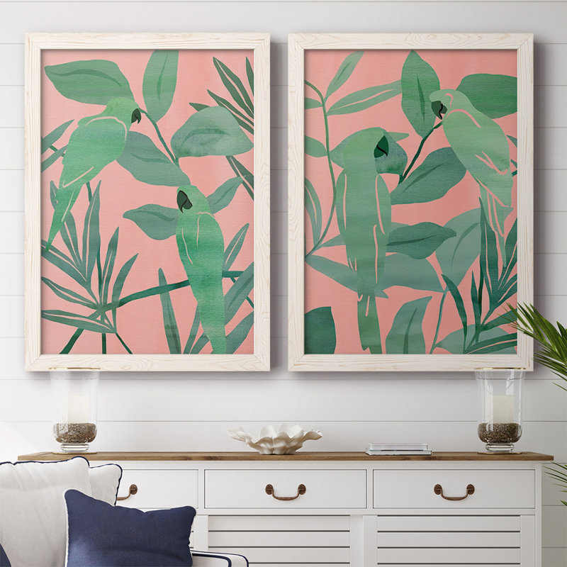 Oiseaux de paradis rose et vert, toile tendue de qualité supérieure - prête à être accrochée, H 27,5 po x l 75 po x P 1,5 po