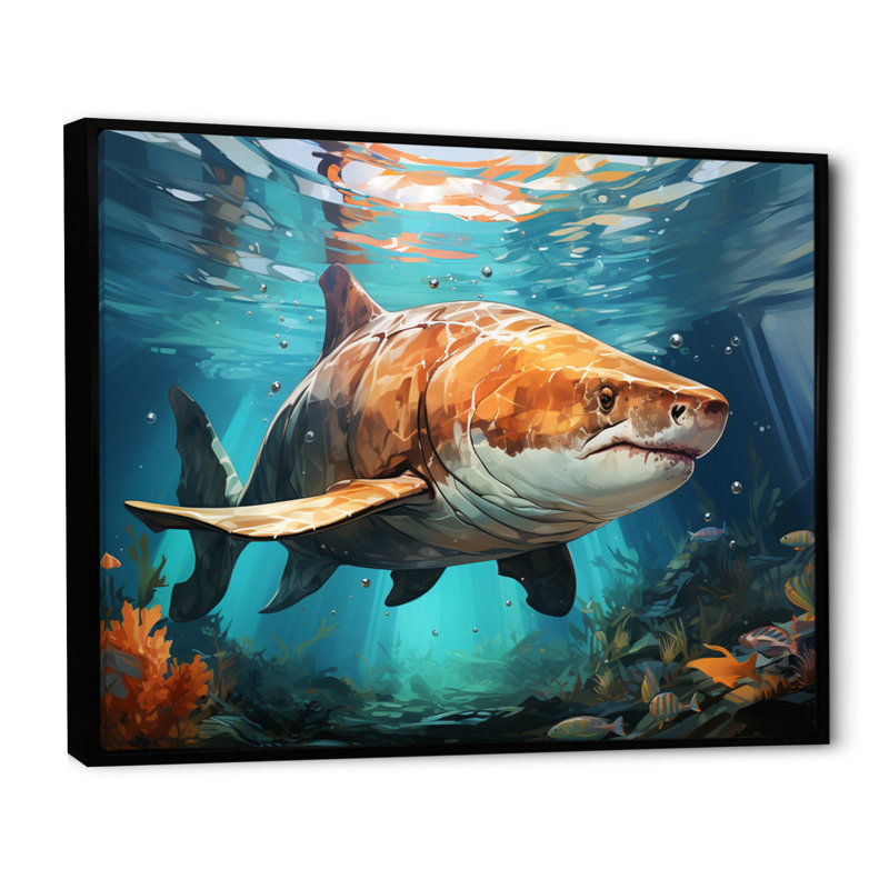 " Grey Teal Shark Underwater Symphony ", 12" H x 20" W, Black Floater Framed