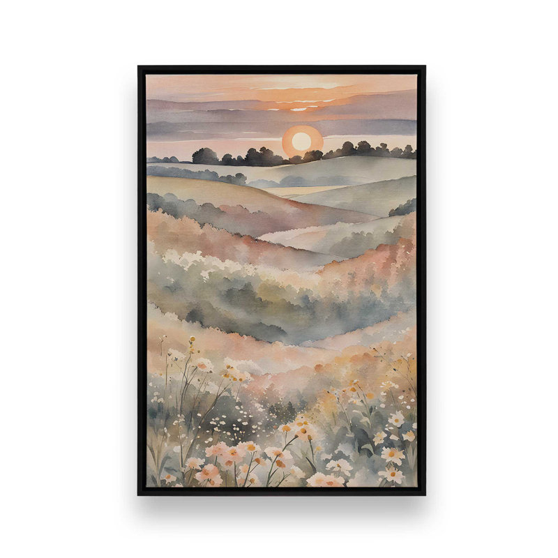 «Sunset in Blooming Valley I», toile roulée, Cadre flottant noir satiné, H 36,75 po x l 24,75 po x P 1,75 po