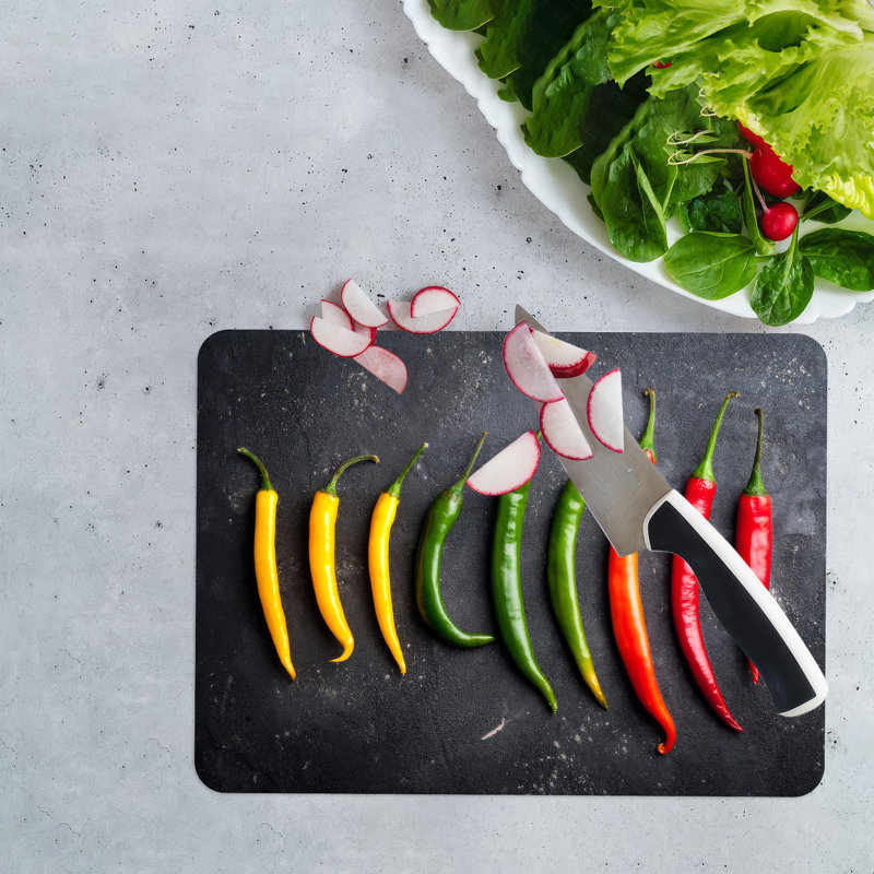 Planche à découper moderne en verre avec des poivrons colorés, idéale pour décorer la cuisine, 7,9 po x 11,8 po