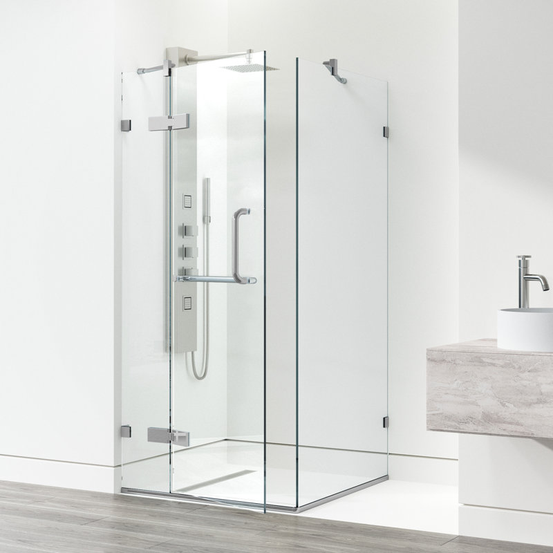 Cabine de douche à charnière sans cadre avec verre transparent 3/8 de l 34 po x P 34 po x H 73 po Monteray, Chrome