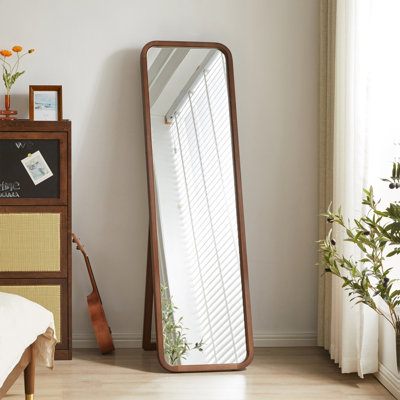 Solid Beech Wood Full Length Mirror, Freestanding Floor Mirror with Stand, 2-in-1 Wall Mounted, Walnut Wood Frame, Bedroom