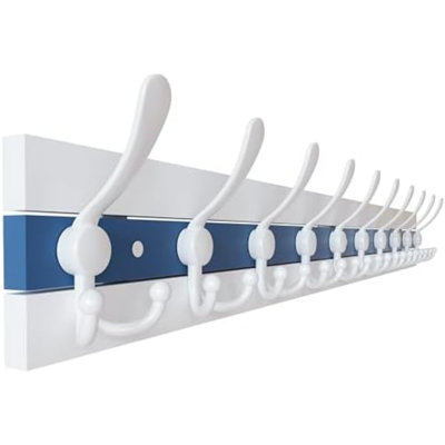Coastal Wall Mounted Coat Rack - 38-1/8" Beach House Entryway Wooden Coat Hook with 10 Hooks for Hanging Coats, Hats or Towels, Oceanfront Cottage Core Collection, White & Blue