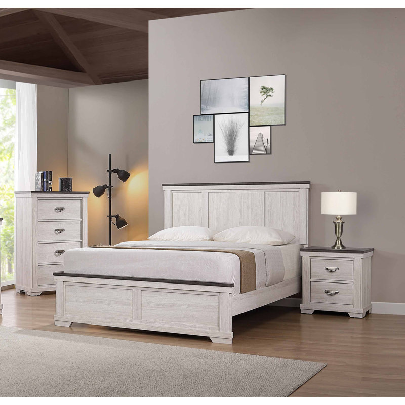 Farmhouse Rustic Style Antique White & Brown Queen Size Panel 1Pc Bed Wooden Bedroom Furniture