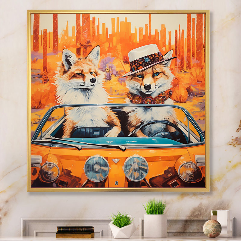 «Foxs aventureux au volant I», art mural animal, Cadre flottant doré, H 16 po x l 16 po x P 1 po