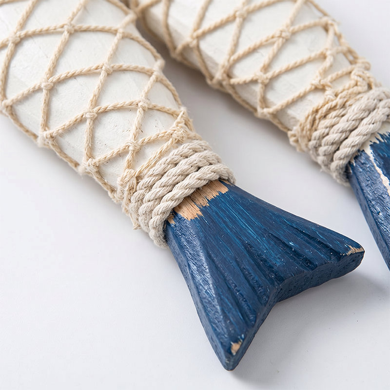 Ensemble de 2 pièces de pêche en bois nautique - Décoration côtière sculptée à la main avec filet en corde de diamant pour Beach House