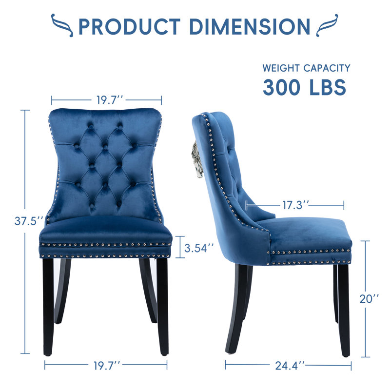 Chaises de salle à manger, chaise de salle à manger rembourrée haut de gamme avec anneau clouté, 4, Velours bleu, Noir