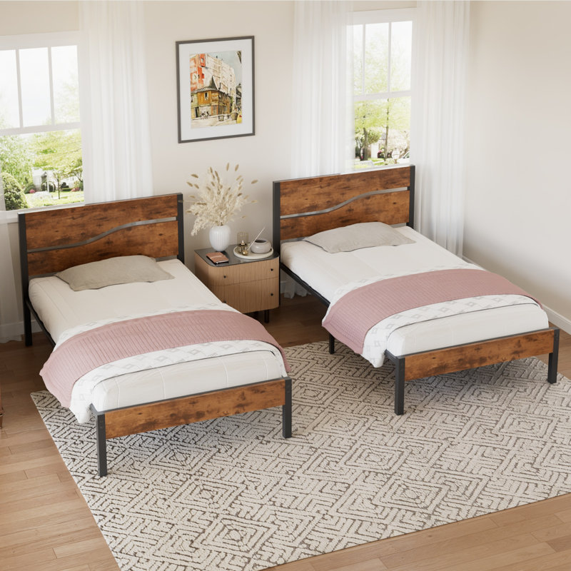 Single Size Bed Frame, Farmhouse Metal Platform Bedframe with Wood Headboard and Footboard, Heavy Duty Metal Slats Support, No Box Spring Needed, Easy to Assembly