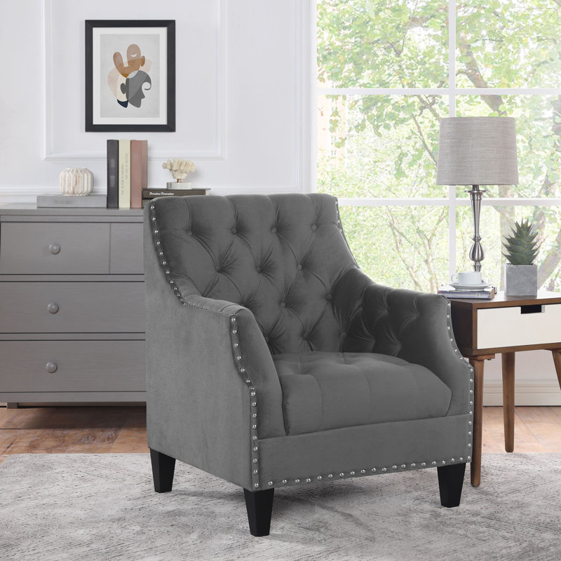Indrani Norway Tufted Accent Chair With Nailhead Trim, Dark Gray Polyester Blend