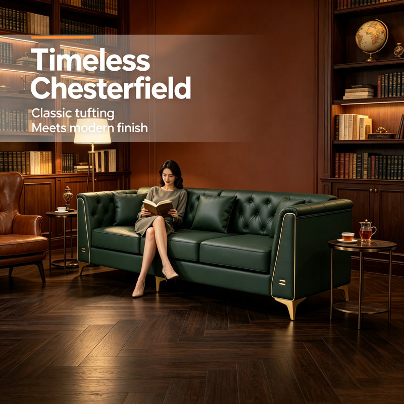 Canapé modulaire Chesterfield trois places en similicuir vert, Vert