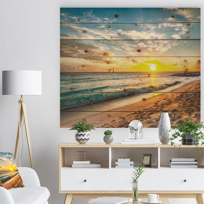 Plage blanche à l'île de la Barbade - impression de paysage marin moderne, H 30 po x l 40 po x P 1,5 po, Bois