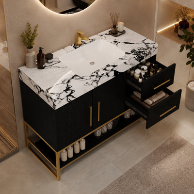 Meuble-lavabo de salle de bain moderne avec cadre en acier inoxydable doré et plateau en pierre frittée moderne noir et blanc