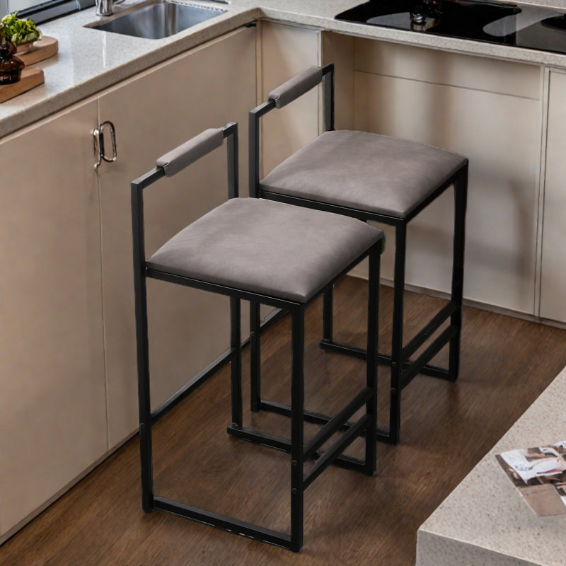 Ensemble de 2 tabourets de bar rembourrés avec dossier et repose-pieds, cuir synthétique et structure en métal, Gris