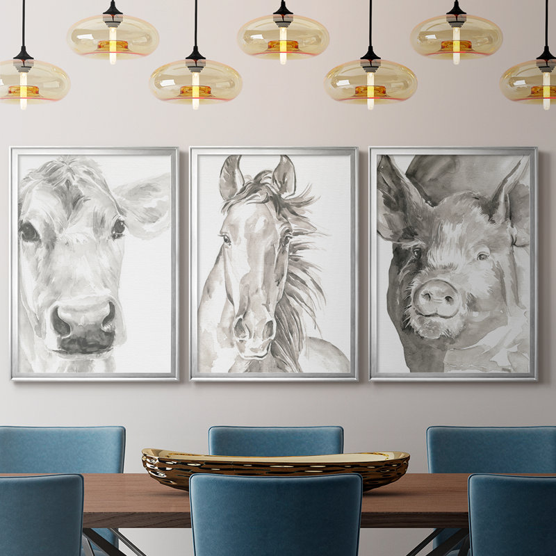 Farm face I - Toile tendue avec châssis sur mesure - 3 pièces, H 39 po x l 81 po, Argent argent
