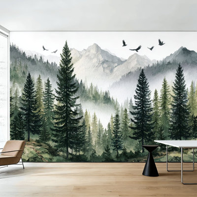 Papier peint à peler et coller arbre de forêt vert, aquarelle, nature, bois, chambre de bébé, peintures murales, H 100 po x l 144 po, papier peint amovible en PVC, adhésif mural pour chambre à coucher, bureau à domicile
