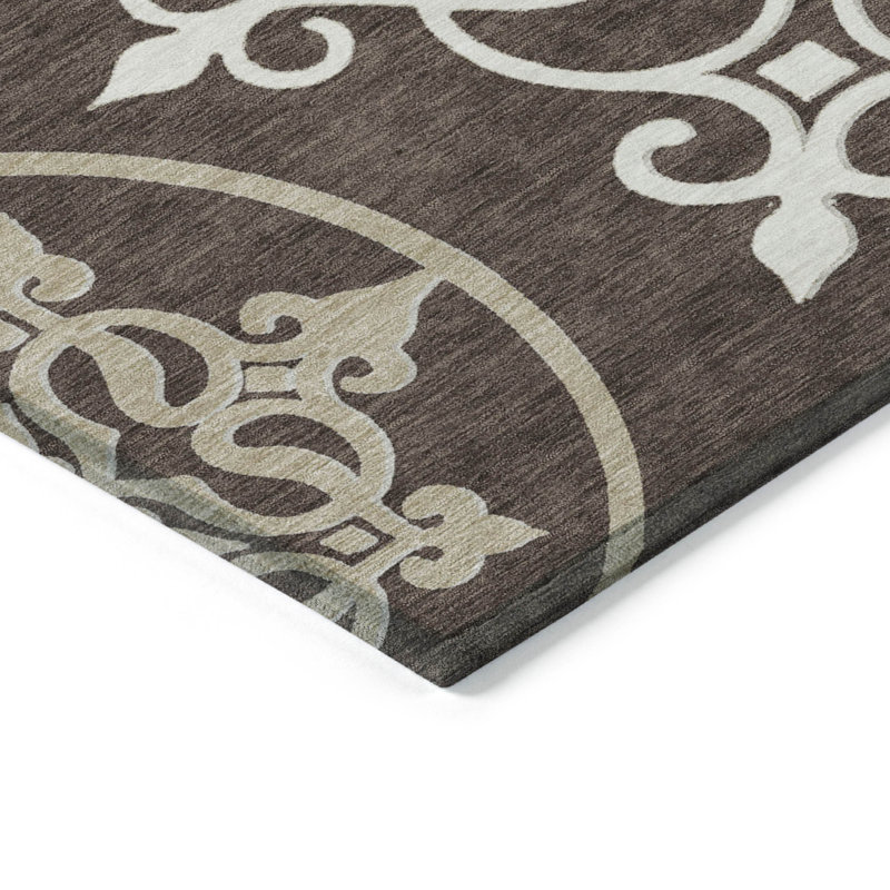 Tapis intérieur / extérieur lavable à motif de médaillon floral beige et ivoire 3 pi x 5 pi