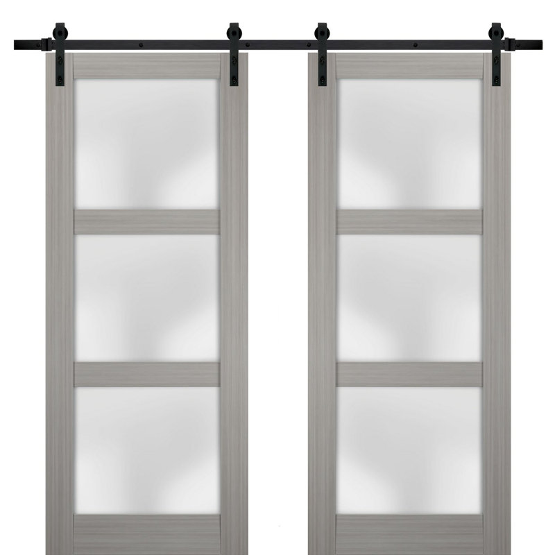 Portes de grange en verre givré Lucia avec quincaillerie d'installation, 72 po x 84 po, Bois de frêne gris, Noir mat