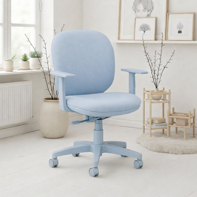 Chaise de bureau mobile Monochromatique en tissu à hauteur réglable et tension d'inclinaison, Bleu poudre