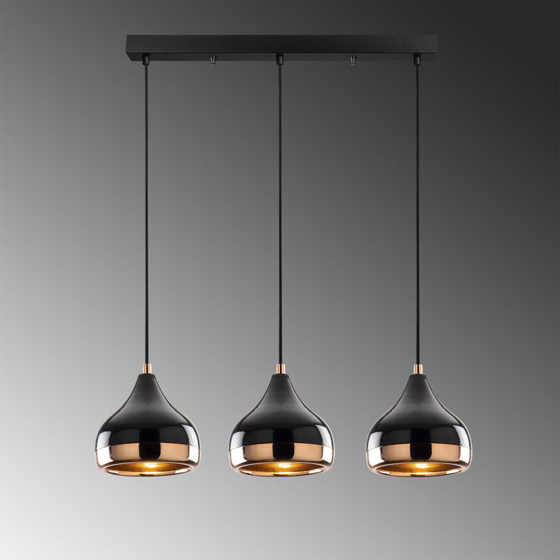 Luminaire suspendu en dôme pour îlot de cuisine à 3 lumières Potts, Noir, Noir et or